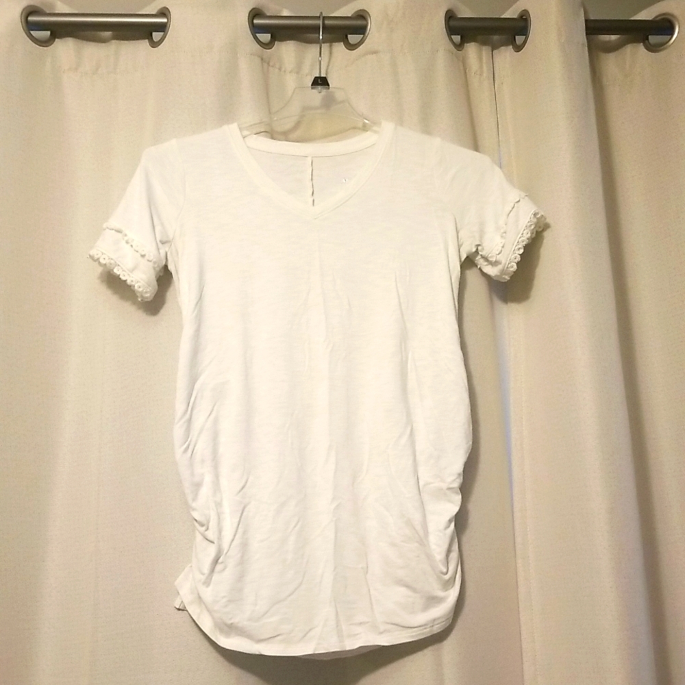 Isabella maternity cream color top with lace on sleeves